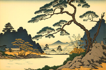 Japanese landscape, painting, ukiyo-e, background, digital illustration