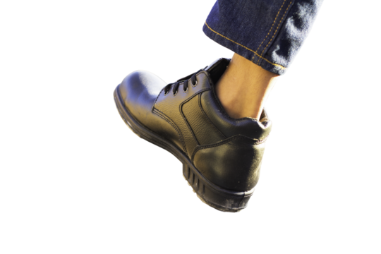 Wear safety shoes to ensure safety at work. construction workers wear safety shoes. concept construction workers work on the stairs. Sacfety shose isolated on white background clipping paths