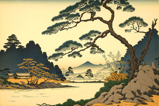 Japanese landscape, painting, ukiyo-e, background, digital illustration
