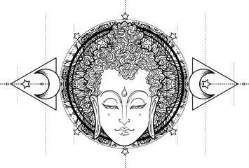 Buddha face over ornate mandala round pattern. Esoteric vintage vector illustration. Indian, Buddhism, spiritual art. Hippie tattoo, spirituality, Thai god, yoga zen Coloring book pages for adults.