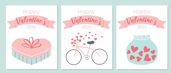 Set of postcards for Valentines Day. Cute postcards with hearts, love, bike and gift. Vector illustration in a flat style. Hand-drawn postcard.