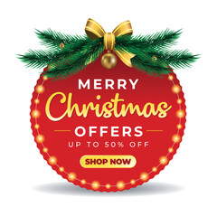 Fototapeta premium Merry Christmas offers sale, up to 50% off, round red discount web banner, SM post, digital ad, logo, mnemonic, template design, unit, icon, concept, poster, wrapped with garland isolated background