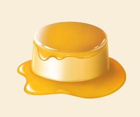 Dessert yellow panacotta with syrup on a white background, digital drawing.