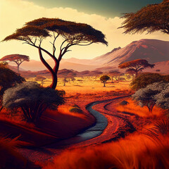 Savanna landscape in Africa with acacia trees