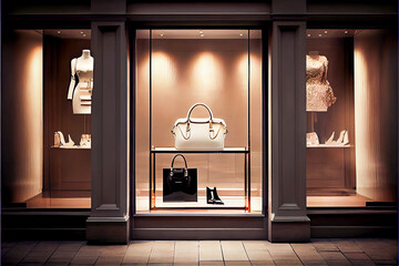 Luxury Parisian shopfront with fashion accessories in boutique window display