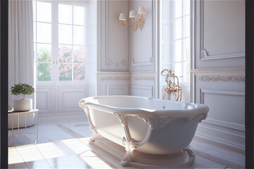 Luxurious retro bathroom with a bathtube wainscoating and white tiles - obrazy, fototapety, plakaty