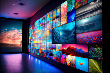 Video wall with multimedia images on different television screens - obrazy, fototapety, plakaty