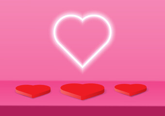 background podium 3d circle geometric shape  white neon light heart red pink .Valentine's Day, the presentation of the work in accordance with With a red heart, white neon