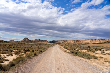 Dirt track that runs through the Bardenas Reales natural park in Navarra, Spain