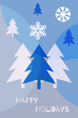 Vector illustration of Christmas trees with snowflake decorations in abstract minimalist style. Universal, stylish artistic template for design, greeting card, invitation.