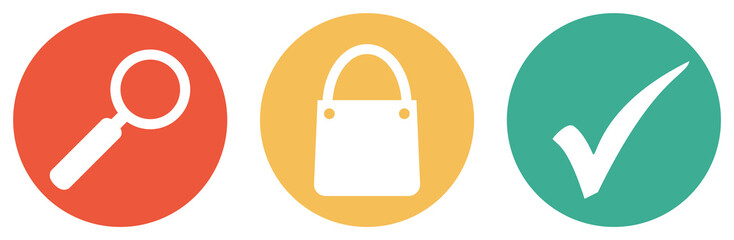 Shopping Suche - Bunter Button Banner mit Einkaufstasche, Lupe und Häkchen