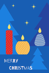 Christmas card with candles, fir trees, in a minimalist style with seasonal wishes in a modern style. Template for postcards, invitations, congratulations, web, social networks, print.