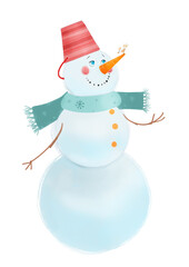 Watercolor snowman and bird illustration isolated