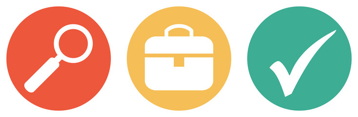 Jobsuche - Bunter Button Banner mit Aktentasche, Lupe und Häkchen