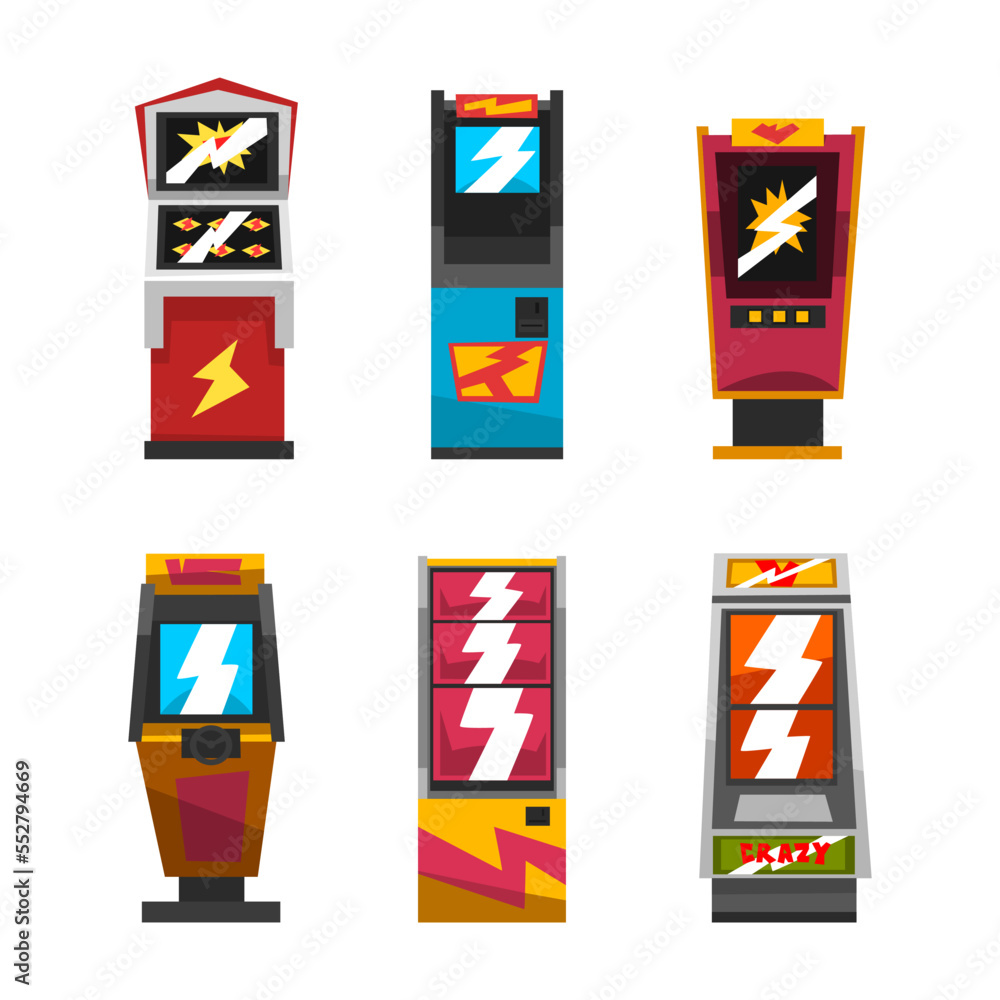 Poster retro arcade machine or slot machine for entertainment game vector set