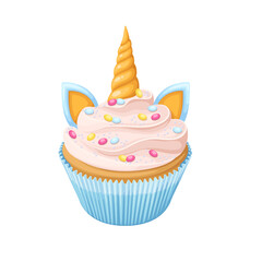 Birthday unicorn cupcake vector illustration. Cartoon isolated sweet muffin in paper cup, magical horn, candy and ears of unicorn fantasy character decorated whipped cream, fairy cupcake for kids