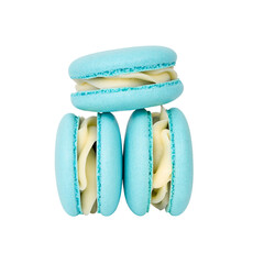 three blue homemade macarons stack isolated on white