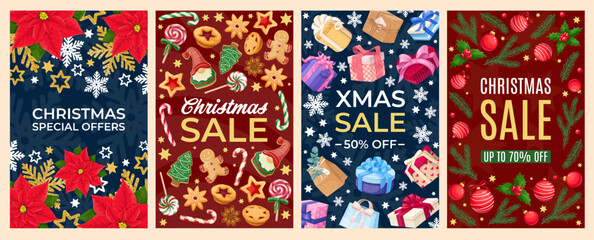 Christmas sales set, banner design template vector illustration. Cartoon Xmas promotions with special discount offers and Christmas Tree decorations, gift boxes with bow, gingerbread and poinsettia