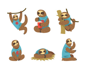 Funny Sloth as Lazy Exotic Rainforest Animal Character in Different Pose Vector Set