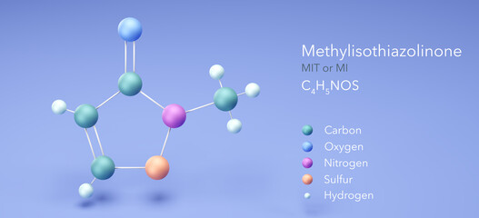 methylisothiazolinone, molecular structures, MIT or MI 3d model, Structural Chemical Formula and Atoms with Color Coding