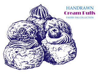 Hand drawn  cream puffs with ink and pen. Vintage black and white illustration. Sweet and dessert element.
