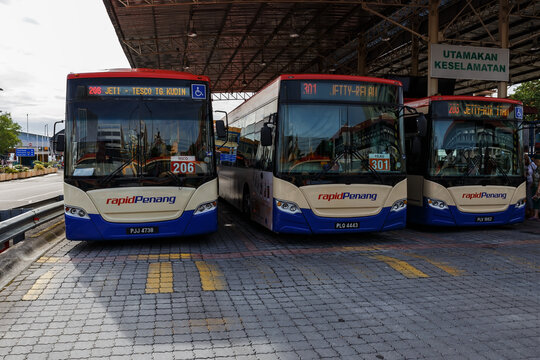 Georgetown, Penang, Malaysia. - November 27, 2017: Rapid Penang bus. Rapid bus terminal at Jetty Pangkalan Weld
