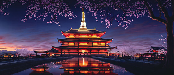 Fototapeta premium Night Illustration with an Asian temple in the garden. Japan, cherry blossom.