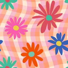 Fototapeta na wymiar 1970s Colorful Daisy Seamless Pattern on Orange and Pink Distorted Checkered Background. Hippie Aesthetic. Hand-Drawn Vector Illustration, Flat Design. Kids Graphic Wallpaper, Cover or Sticker.