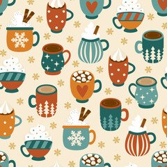 Colorful seamless pattern with different mugs of coffee. Vector illustration.