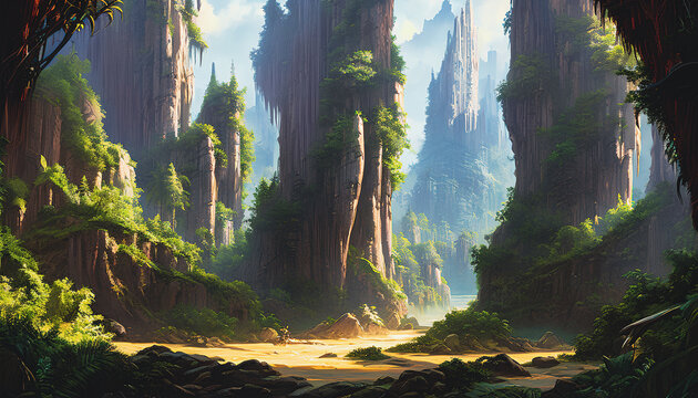 Wilderness jungle landscape, Tender and dreamy design, background illustration.