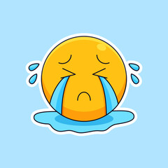 crying face emoticon with tear droplet and puddle outline vector illustration design
