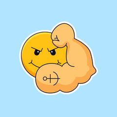 flexing face emoji with big muscular arm vector outline illustration design