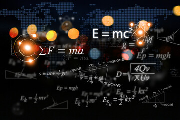 Mathematical and physics equations of Albert Einstein and Sir Isaac Newton and other equations on black background.