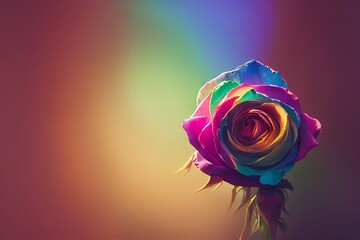 Fototapeta na wymiar Rainbow rose isolated on soft rainbow colored background 