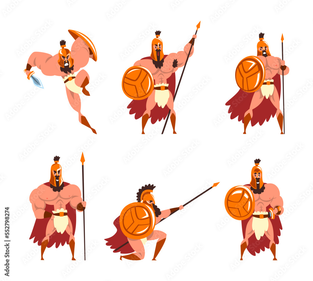 Poster spartan man in red cloak and helmet armed with spear and shield standing and attacking vector set