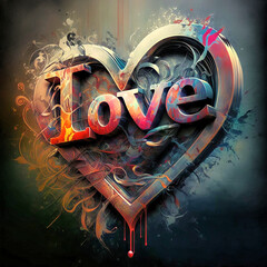 The word love in a heart, multicolored graffiti style on metal looking background 