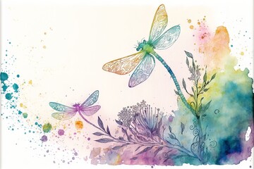 Dragonfly border in rainbow watercolors