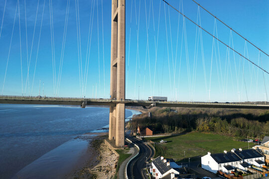 Aerial View Of Car And Lorry Drivers, Paying At The Toll Booth On The North Side To Cross The Humber Bridge. Hessle. UK