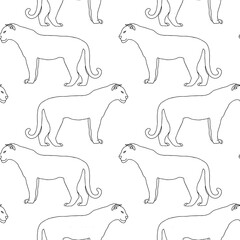 One line seamless pattern lion or panther isolated on white. black outline. modern stock Illustration of the exotic tropical animal. For gift wrapping, textile, wallpaper, scrubbing, web page lights,