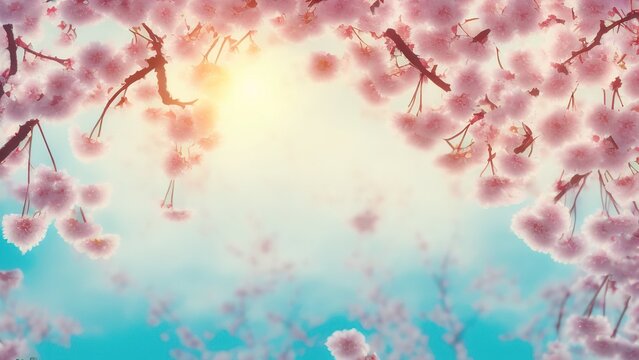 Spring banner, branches of blossoming cherry against the background of blue sky.