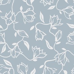 Magnolia floral seamless pattern. Outline light flower drawing on grey blue background.