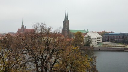 Looking over autumn tree at Wrocław old city with double church omn an island
