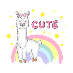 Cute print llama alpaca with rainbow and lettering. Vector illustration. © Evgeniya Sheydt