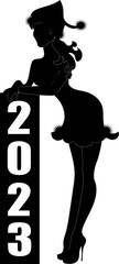 A beautiful girl dressed as Santa wishes a happy 2023. Silhouette
