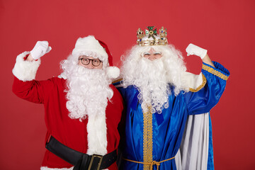 Wise Man vs Santa Claus raising arms