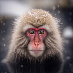 portrait of a japanese macaque or snow monkey, bathing in hot springs in the snow