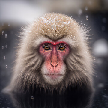 Portrait Of A Japanese Macaque Or Snow Monkey, Bathing In Hot Springs In The Snow