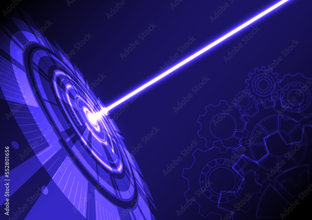 Poster hi-tech background perspective angle tech circle with laser beam in center with cog in bottom corner