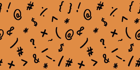 pattern with the image of keyboard symbols. Punctuation marks. Template for applying to the surface. yellow orang background. Horizontal image. Banner for insertion into site.