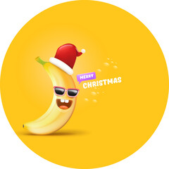 Merry Christmas greeting card and banner with funny cartoon banana character wearing santa red hat isolated on orange round background. Funny and cute Christmas card with smiling Banana monster